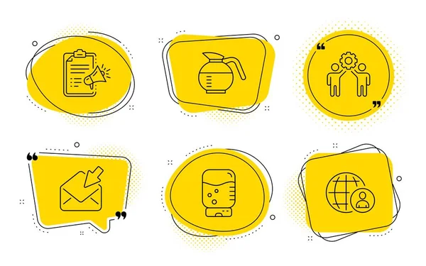 Megaphone checklista, Coffeepot och anställda teamwork ikoner set. Vektor — Stock vektor