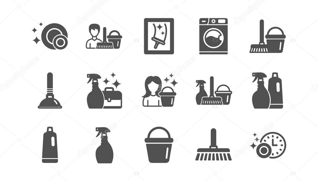 Cleaning icons. Laundry, Sponge and Vacuum cleaner. Classic icon set. Vector