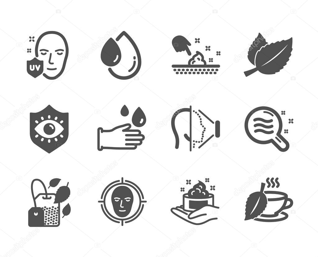 Set of Medical icons, such as Mint bag, Skin moisture, Oil drop. Vector