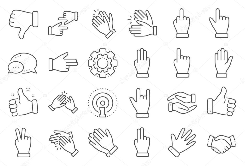 Hand gestures line icons. Handshake, Clapping hands, Victory. Vector