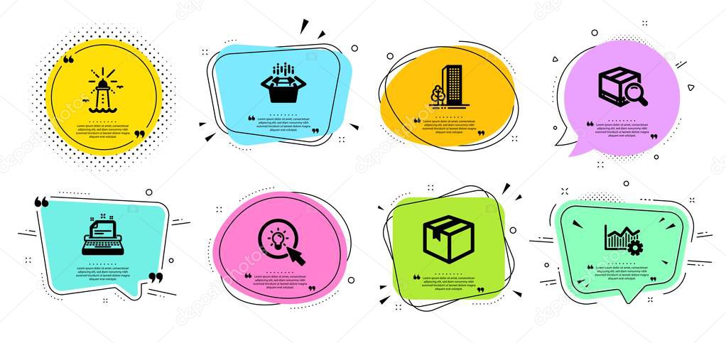 Operational excellence, Packing boxes and Search package icons set. Buildings, Lighthouse and Energy signs. Vector