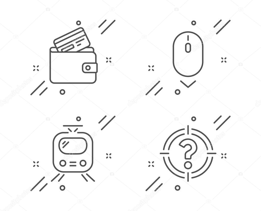 Scroll down, Debit card and Train icons set. Headhunter sign. Mouse swipe, Wallet with credit card, Tram. Vector