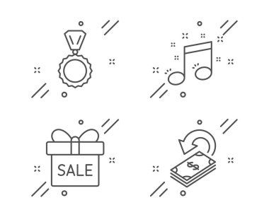 Satış teklifi, Müzik notave Madalya simgeleri ayarlayın. Cashback işareti. Hediye kutusu, müzik, kazanan. Finansal transfer. Vektör