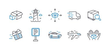 Deniz Feneri, Ambalaj kutuları, Paket teslimatgibi Ulaşım simgeleri kümesi. Vektör