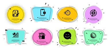 Hindistan cevizi, Yenile bitcoin ve Smile simgeleri ayarlayın. Zamanlayıcı, Algoritma ve Alışveriş çantaları tabelaları. Vektör