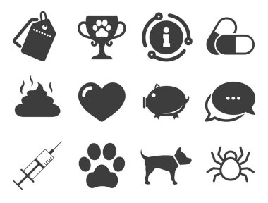 Veteriner, evcil hayvan simgeleri. Köpek pençesi, şırınga işaretleri. Vektör