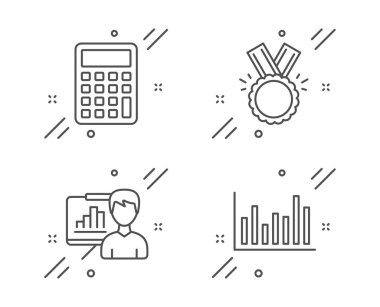 Hesap makinesi, Sunum panosu ve Onur simgeleri ayarlandı. Çubuk diyagramı işareti. Muhasebe cihazı, Büyüme tablosu, Madalya. Vektör