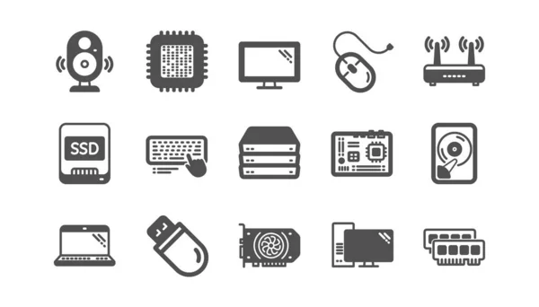 Iconos de dispositivos informáticos. Placa base, CPU y Laptop. Conjunto de iconos clásico. Vector — Vector de stock