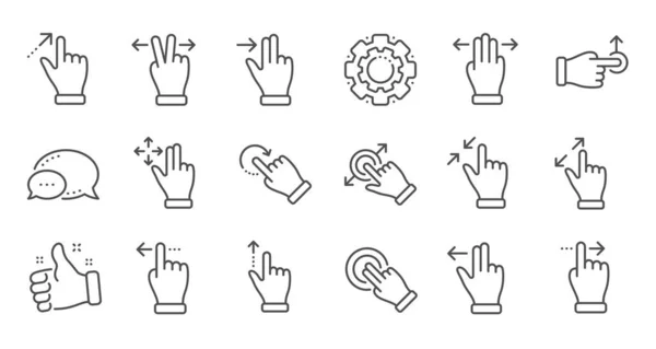 Touchscreen gebaren lijn iconen. Hand swipe, glijbeweging, multitasking. Lineaire set. Vector — Stockvector