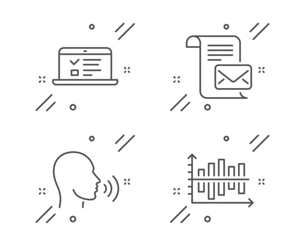 Carta de correo, conferencias web e iconos de canto humano establecidos. Signo de diagrama gráfico. Leer correo electrónico, Prueba en línea, Hablar. Vector — Vector de stock