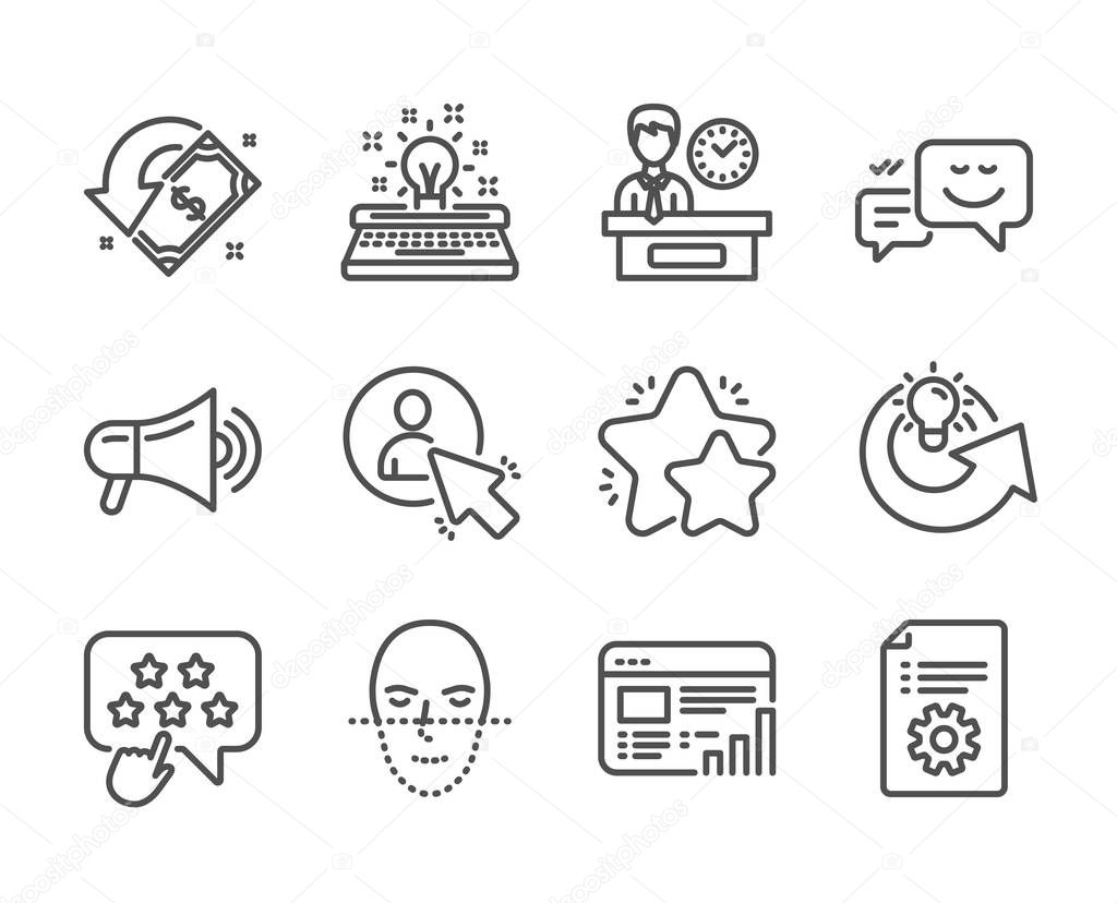 Set of Technology icons, such as Star, Happy emotion, Share idea. Vector