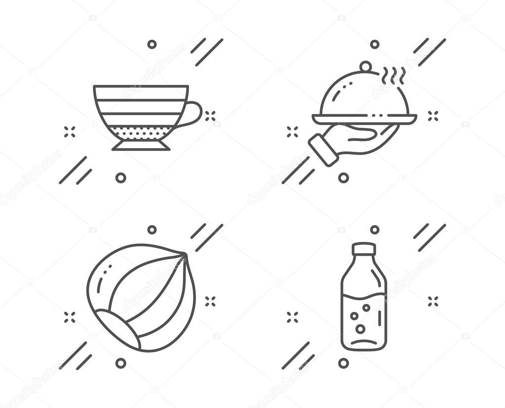 Cappuccino, Restaurant food and Hazelnut icons set. Water bottle sign. Vector