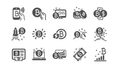 Cryptocurrency simgeleri. Blockchain, Crypto Ico ve Bitcoin. Klasik simge seti. Vektör