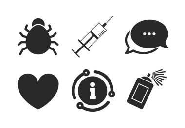 Böcek ve aşı işaretleri. Kalp, sprey olabilir simgeleri. Vektör