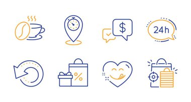 Kurtarma verileri, Kahve fincanı ve Ödeme simgeleri ayarlandı aldı. Alışveriş, 24 saat hizmet ve Timer işaretleri. Vektör