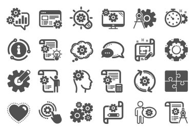 Mühendislik simgeleri. Fikir ampul, Bölücüler aracı ve Blueprint simgeleri kümesi. Vektör