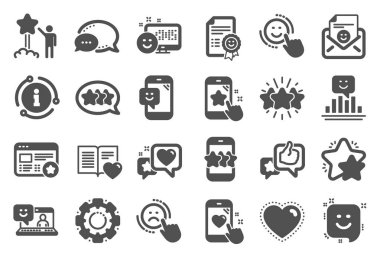 Geri bildirim simgeleri. Kullanıcı Görüşü, Müşteri Hizmetleri ve Yıldız Derecelendirmesi seti. Vektör