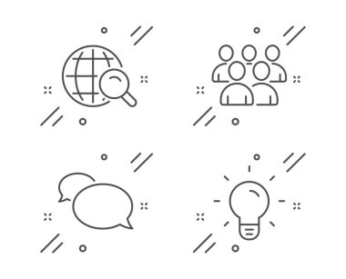 Internet arama, Messenger ve Grup simgeleri ayarlayın. Ampul işareti. Web bulucu, Konuşma balonu, Geliştiriciler. Vektör