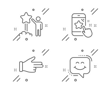 El, Yıldız derecelendirmesi ve Yıldız simgeleri kümesini tıklatın. Gülümseme sohbet işareti. Yön parmağı, Telefon geri bildirimi, Başlatma derecelendirmesi. Vektör
