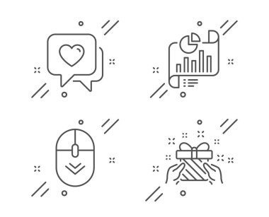 Aşağı kaydırın, Kalp ve Rapor belge simgeleri ayarlayın. Hediye işareti. Fare kaydırma, Aşk sohbet, Büyüme grafik. Mevcut. Vektör