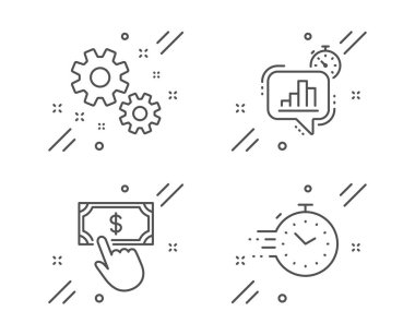 Ödeme tıklaması, İstatistik zamanlayıcısı ve Çalışma simgeleri ayarlanır. Zamanlayıcı işareti. Finansal transfer, Büyüme grafiği, Ayarlar. Vektör