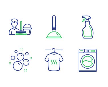 Kuru t-shirt, Plunger ve Temiz kabarcıklar simgeleri ayarlayın. Temizlik hizmeti, Sprey ve Çamaşır makinesi işaretleri. Vektör
