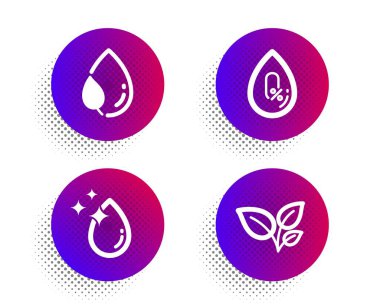 Su damlası, hiçbir alkol ve Yaprak çiy simgeleri ayarlayın. Yaprak işareti. Kristal su, Mineral yağ, su damlası. Bitki yetiştirin. Vektör