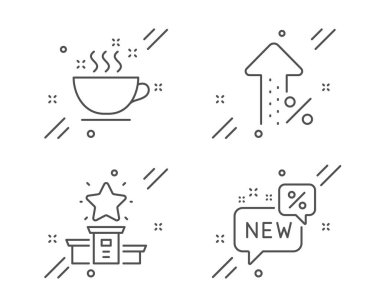 Kahve fincanı, Kazanan podyum ve artan yüzde simgeleri ayarlayın. Yeni bir işaret. Sıcak içecek, birincilik, İndirim. Vektör