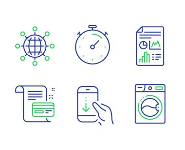 Zamanlayıcı, Aşağı kaydırın ve Uluslararası küre simgeleri ayarlayın. Ödeme kartı, Rapor belgesi ve Çamaşır makinesi işaretleri. Vektör