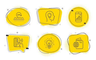 Fikir kafası, Uv koruma ve Fikir simgeleri ayarlayın. Grafik telefon, Temassız ödeme ve Seyahat pasaport işaretleri. Vektör