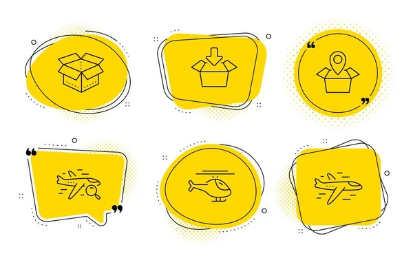 Open box, Helicopter and Get box icons set. Package location, Search flight and Airplane signs. Vector — Stock Vector