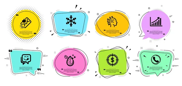 Cible en dollars, graphique et icônes lettre d'amour ensemble. Centre d'appels, sourire délicieux et pancartes Flocon de neige. Vecteur — Image vectorielle