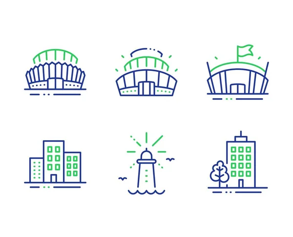 Conjunto de iconos de estadio deportivo, edificios y faro. Arena estadio, Arena y edificios de rascacielos signos. Vector — Vector de stock