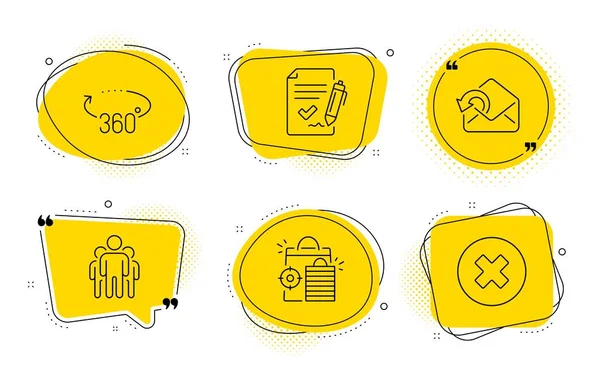 Seo shopping, Send mail and Group icons set. Approved agreement, 360 degrees and Close button signs. Vector — Stock Vector