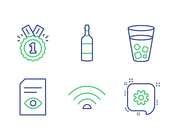 Wifi, Onaylandı ve Belge simgelerini görüntüle. Buz çayı, Brandy şişesi ve Cogwheel tabelaları. Vektör — Stok Vektör