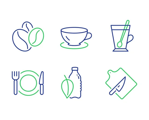 Кофейные зерна, эспрессо и иконки бутылок с водой. Кружка чая, ресторанная еда и таблички на разделочной доске. Вектор — стоковый вектор