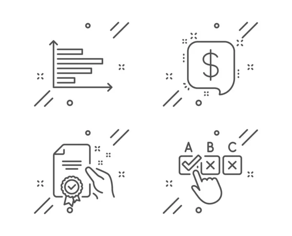 Ícones de mensagem de pagamento, certificado e gráfico horizontal definido. Assinatura correta da caixa de seleção. Vetor — Vetor de Stock