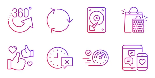 Reciclaje, Hdd y 360 grados conjunto de iconos. Tiempo, velocímetro y señales similares. Vector — Vector de stock