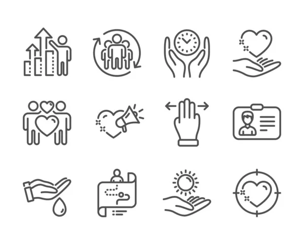 Conjunto de ícones de pessoas, como gesto multitarefa, alvo do coração, cartão de identificação. Vetor — Vetor de Stock