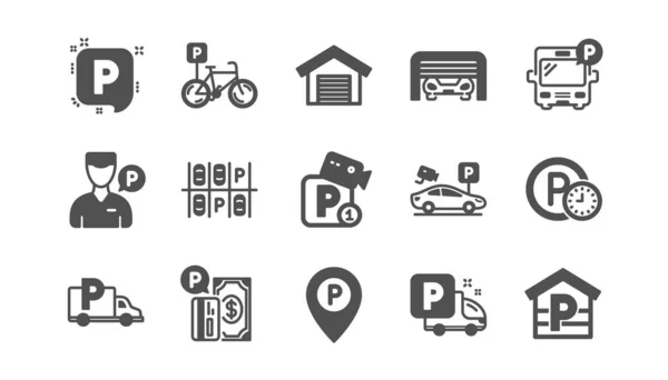 Ikony parkingowe. Garaż, usługa parkingowego i płatny parking. Zestaw ikon klasycznych. Wektor — Wektor stockowy