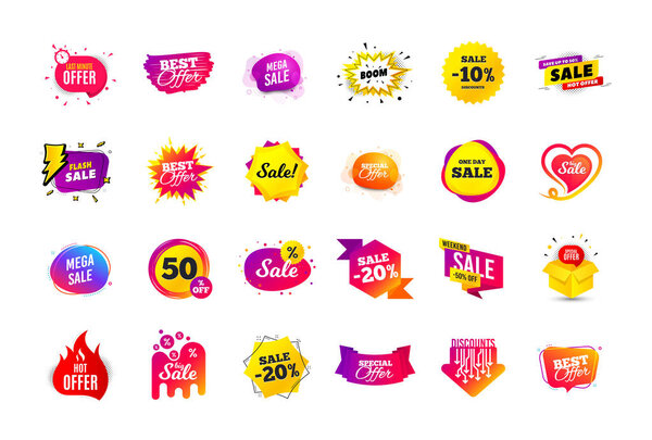 Sale banner badge. Special offer discount tags. Coupon shape templates. Best offer badge. Super discount icons. Vector