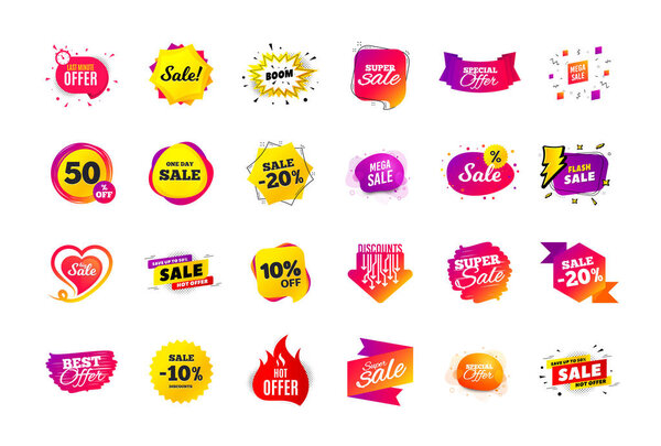 Sale banner badge. Special offer discount tags. Coupon shape templates. Best offer badge. Super discount icons. Vector