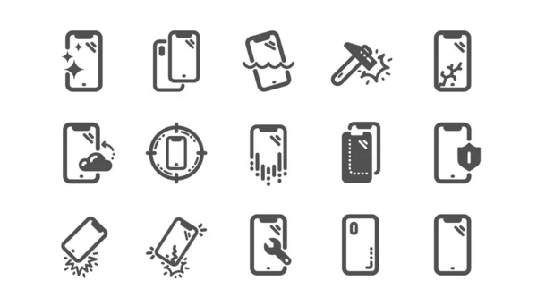 Smartphone-Schutzsymbole. gehärtetem Glas, Displayschutzfolie und wasserdicht. Klassisches Set. Vektor — Stockvektor