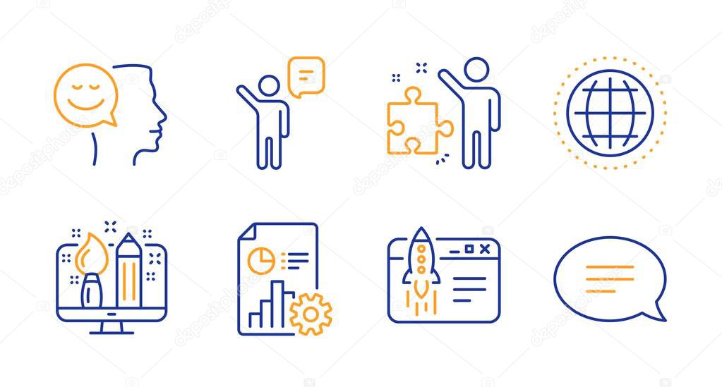 Creative design, Report and Globe icons set. Strategy, Agent and Start business signs. Good mood, Chat symbols. Vector