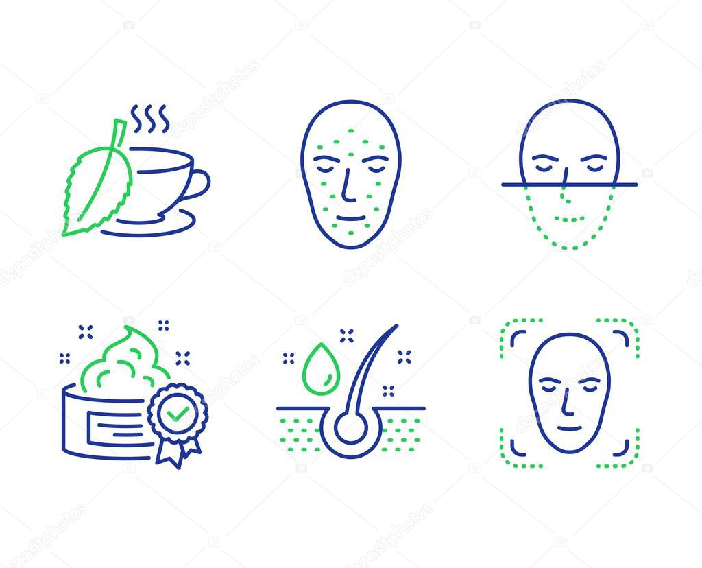 Serum oil, Cream and Mint tea icons set. Face recognition, Face biometrics signs. Vector