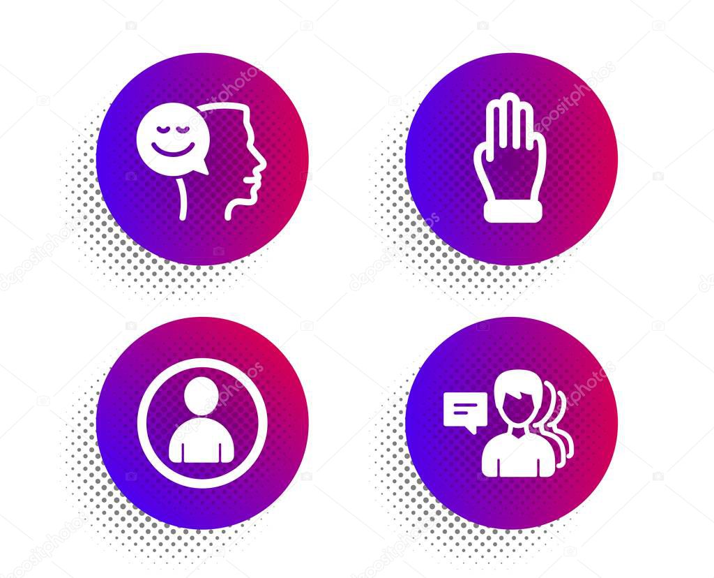 Good mood, Avatar and Three fingers icons set. People sign. Positive thinking, User profile, Click palm. Vector