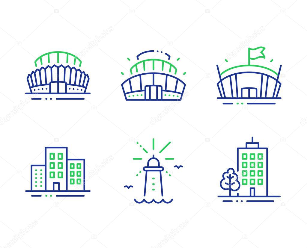 Sports stadium, Buildings and Lighthouse icons set. Arena stadium, Arena and Skyscraper buildings signs. Vector