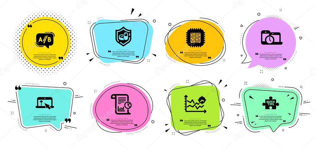 Report, Swipe up and Time management icons set. Seo analysis, Ab testing and Cpu processor signs. Vector