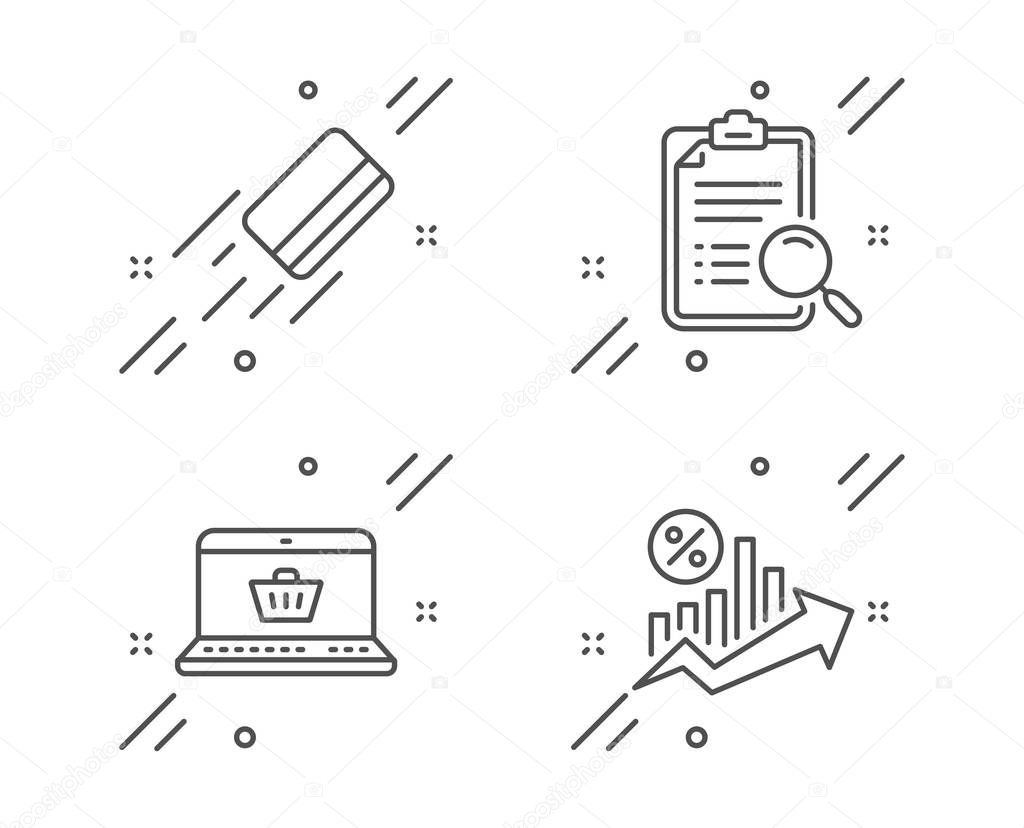 Online shopping, Credit card and Search analysis icons set. Loan percent sign. Vector