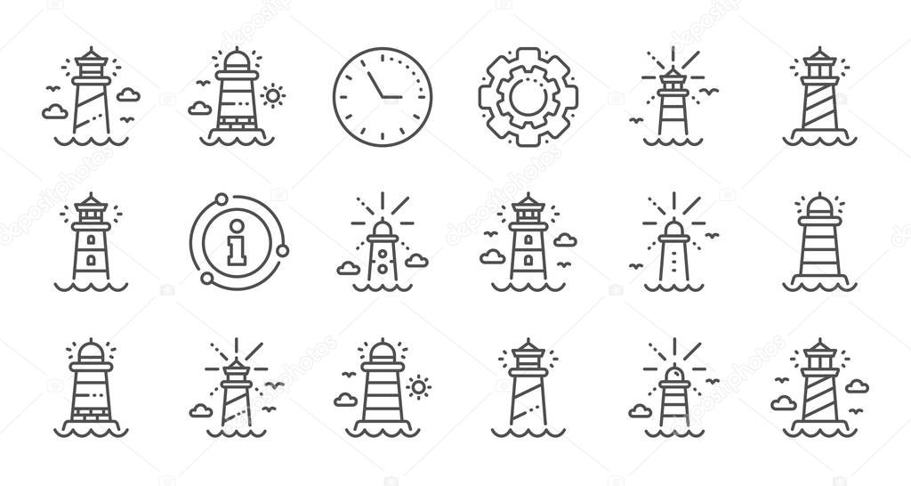 Lighthouse line icons. Searchlight tower with seagull for marine navigation of ships. Linear set. Vector